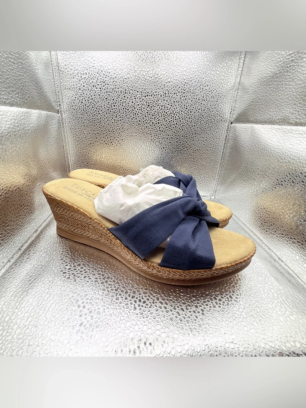 easy street Navy Knotted Espadrille Wedge Slide